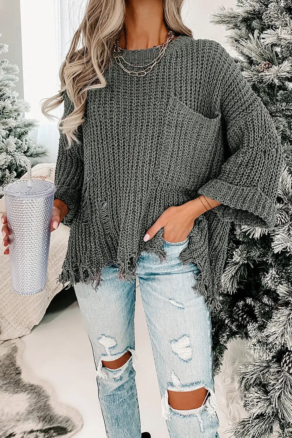 Alina Ripped Raw Hem Chunky Pullover Sweater for Women - Love Salve